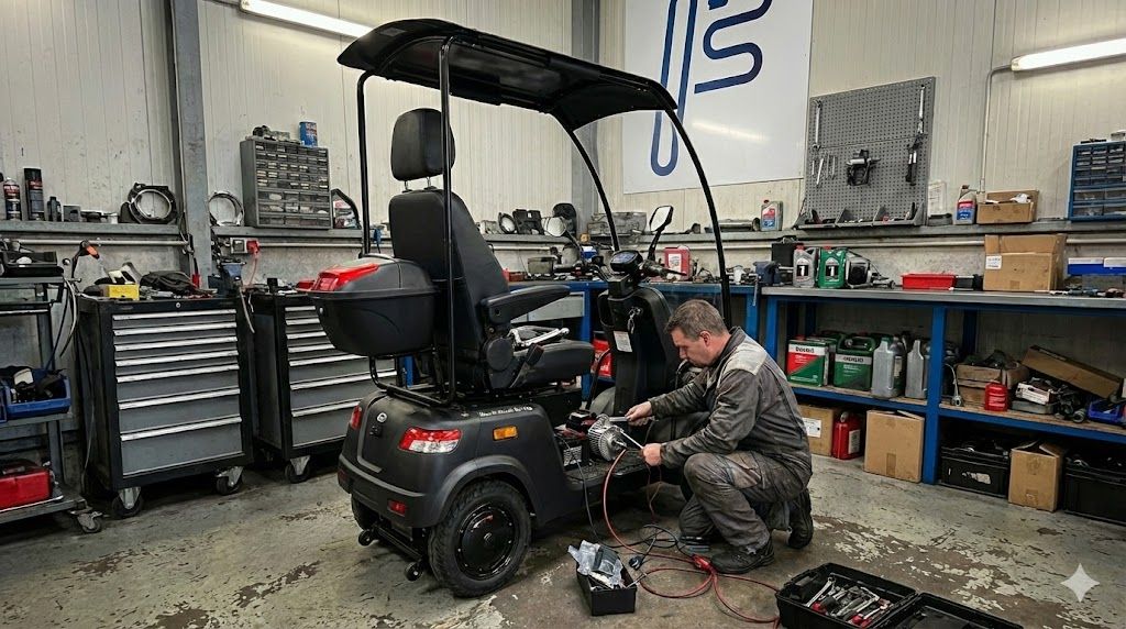 Un mecánico de For Motion trabajando en un scooter de movilidad en Heerde