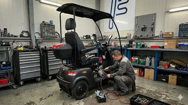 Un mecánico de For Motion trabajando en un scooter de movilidad en Heerde